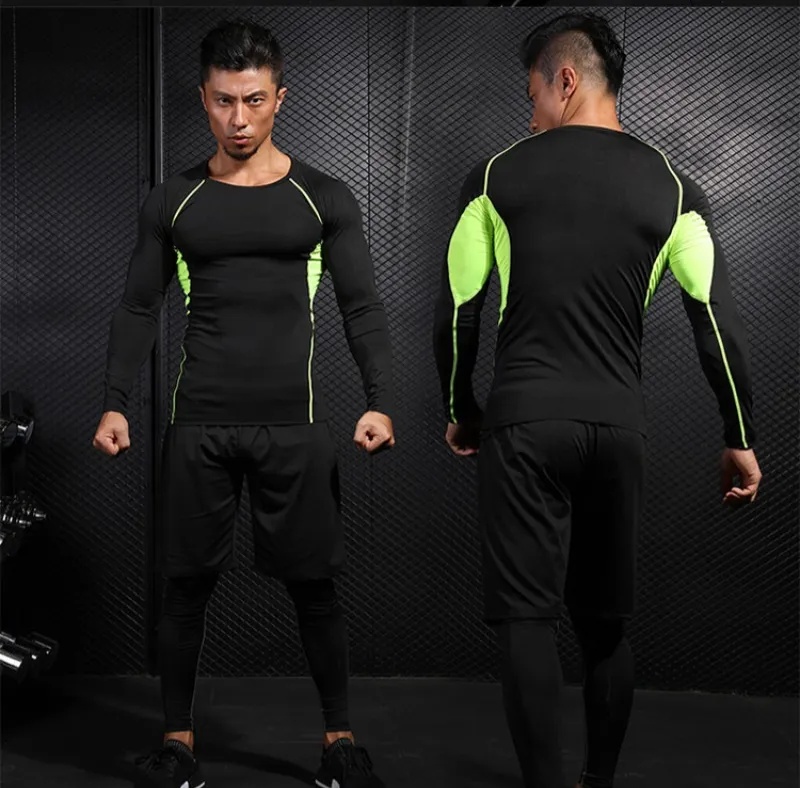 ANYMENS Fitness Clothes Black Set 2pcs Men Compression Front Lining Sportswear Suit Gym Tight Sports Running Workout Jogging Tracksuit Pants