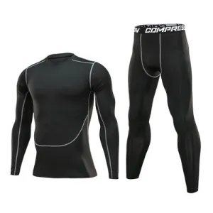 ANYMENS Fitness Clothes Black Set 2pcs Men Compression Front Lining Sportswear Suit Gym Tight Sports Running Workout Jogging Tracksuit Pants