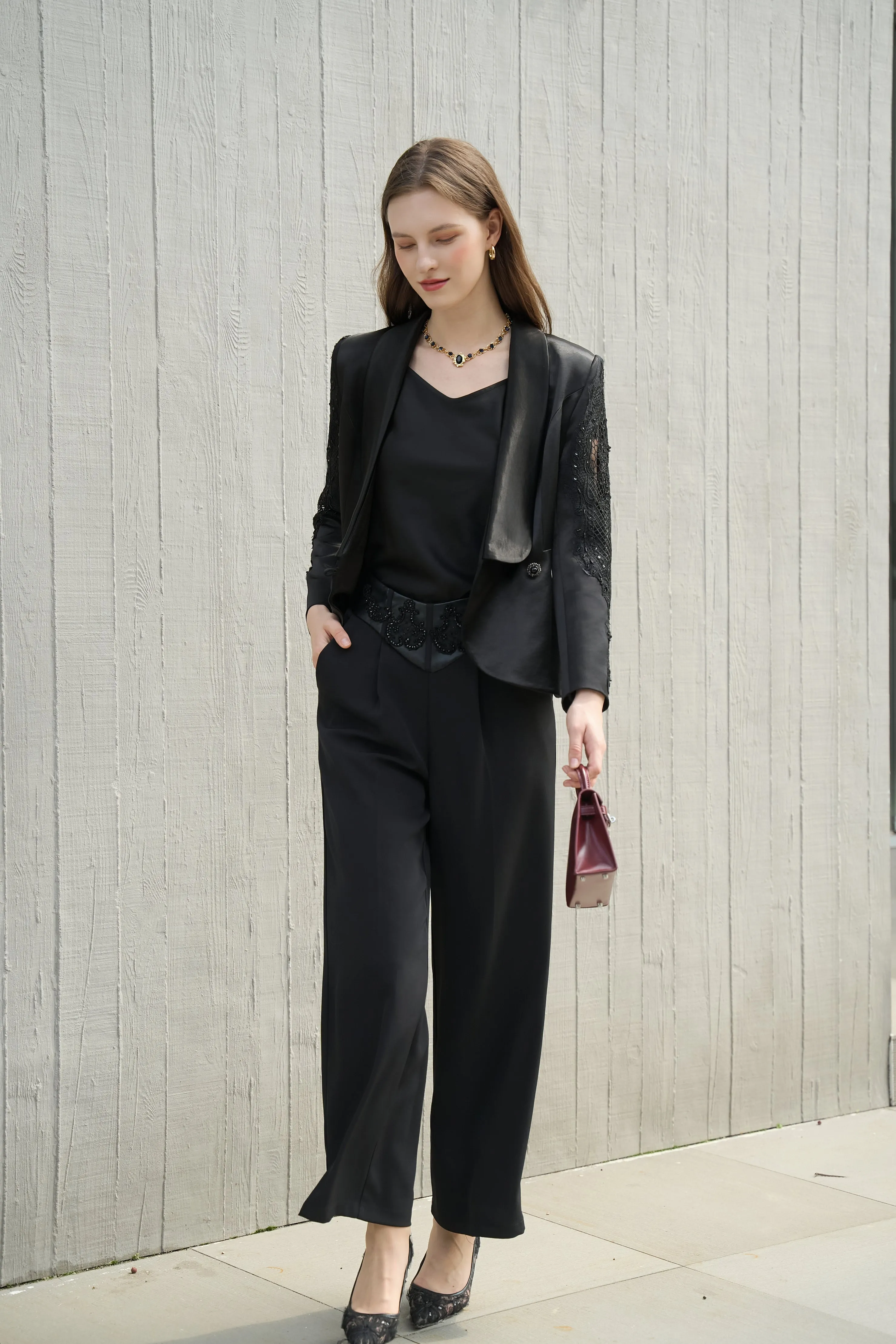 Black Wide-Leg Trousers with Beaded Waist Detail