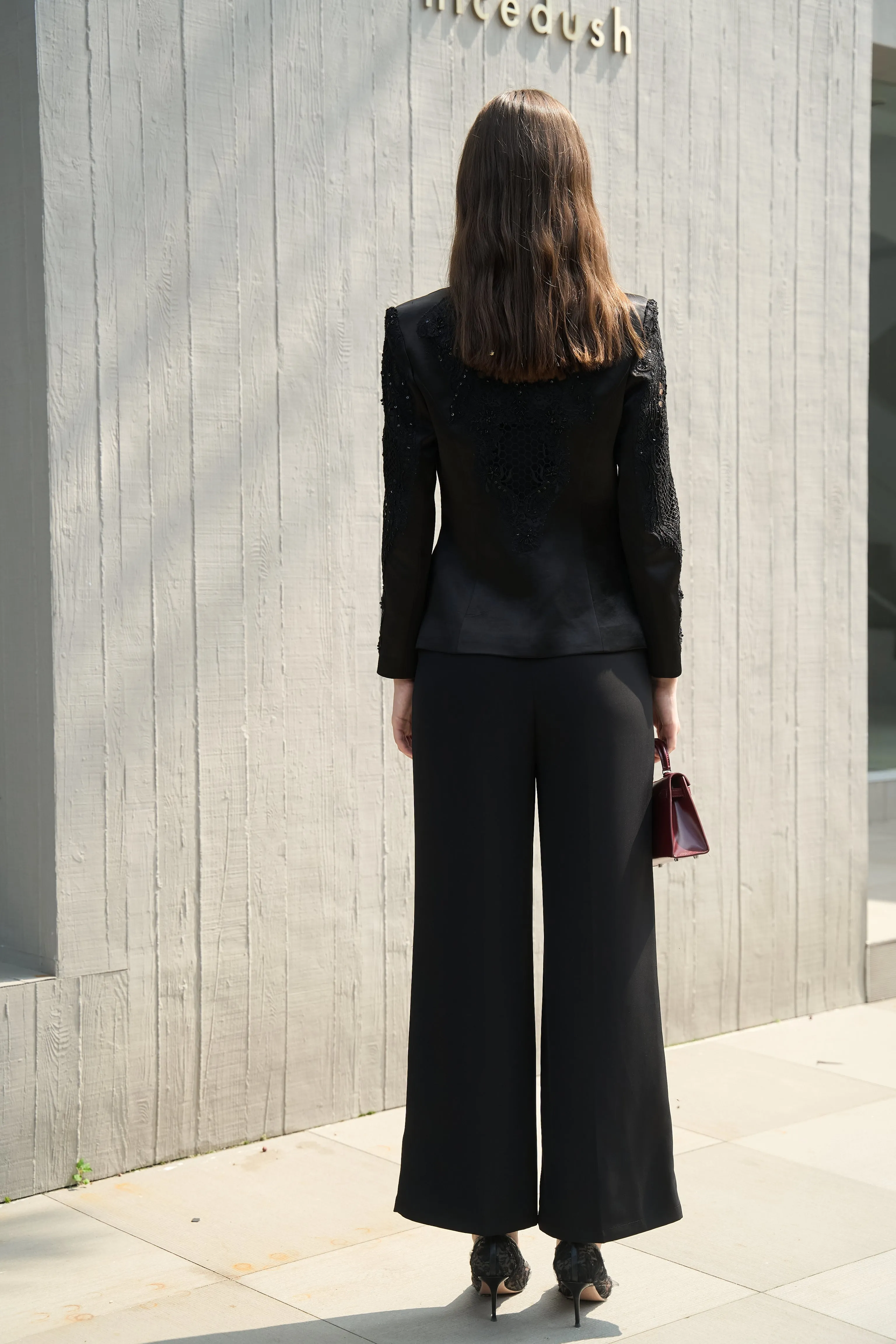 Black Wide-Leg Trousers with Beaded Waist Detail