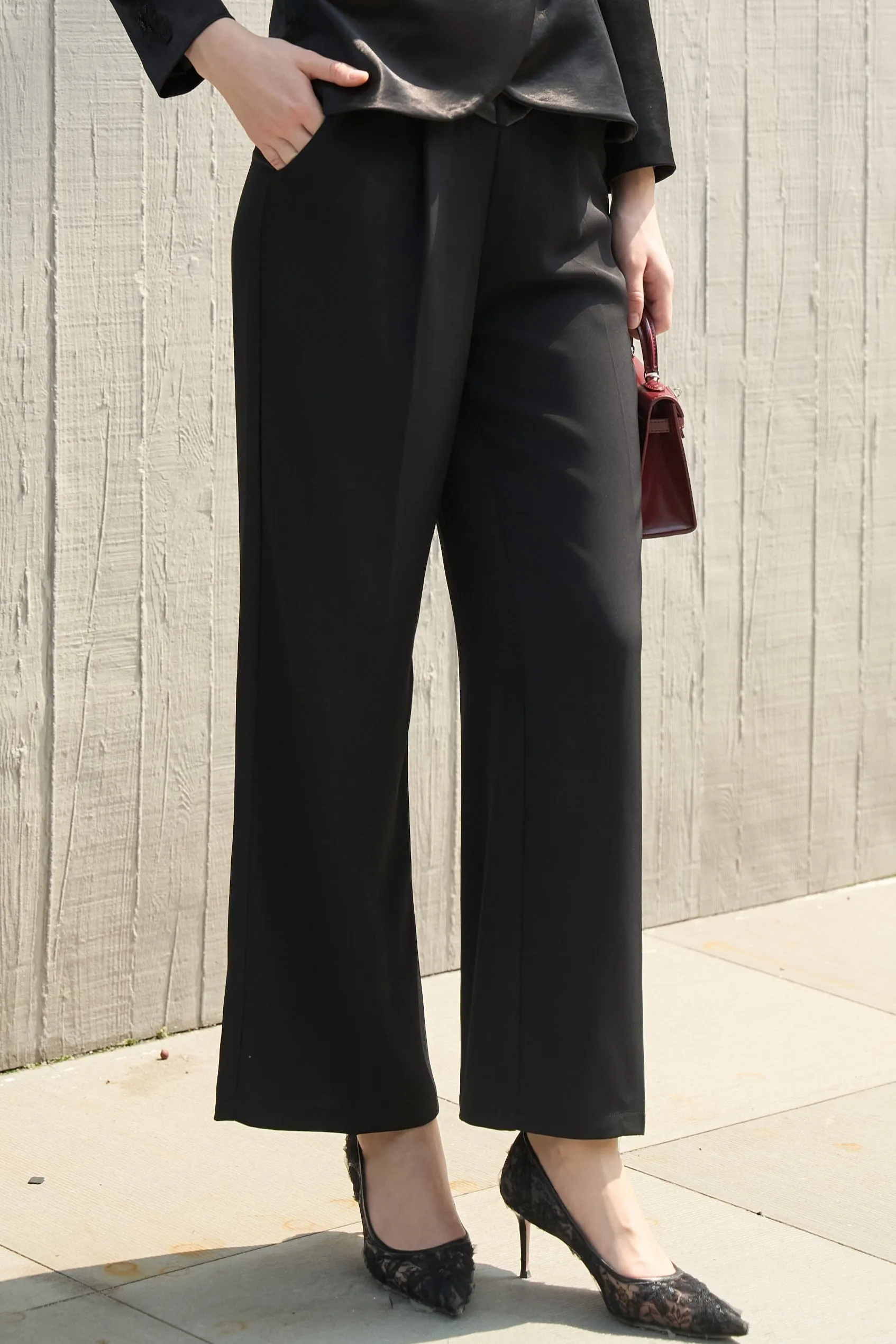Black Wide-Leg Trousers with Beaded Waist Detail