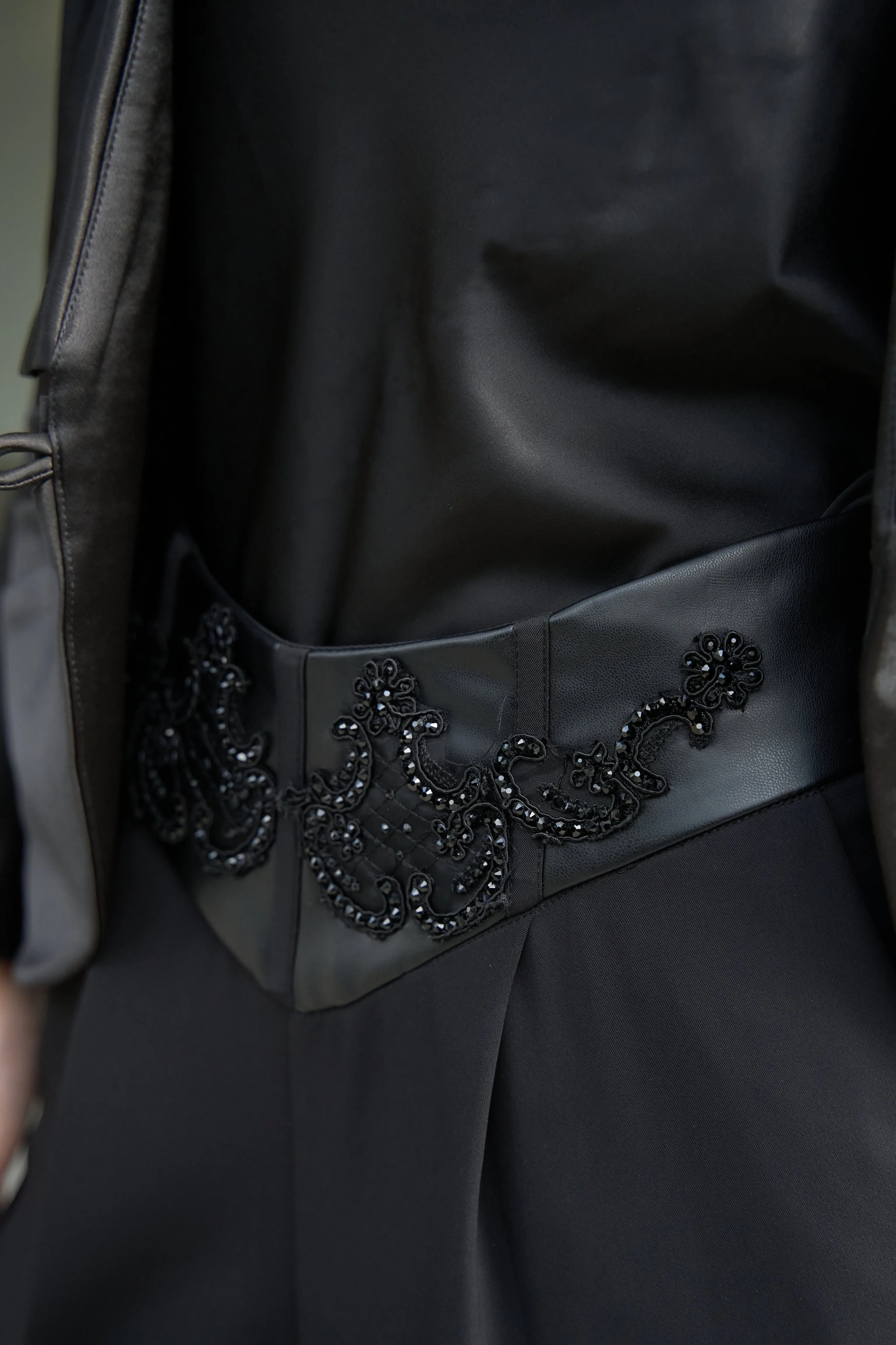 Black Wide-Leg Trousers with Beaded Waist Detail