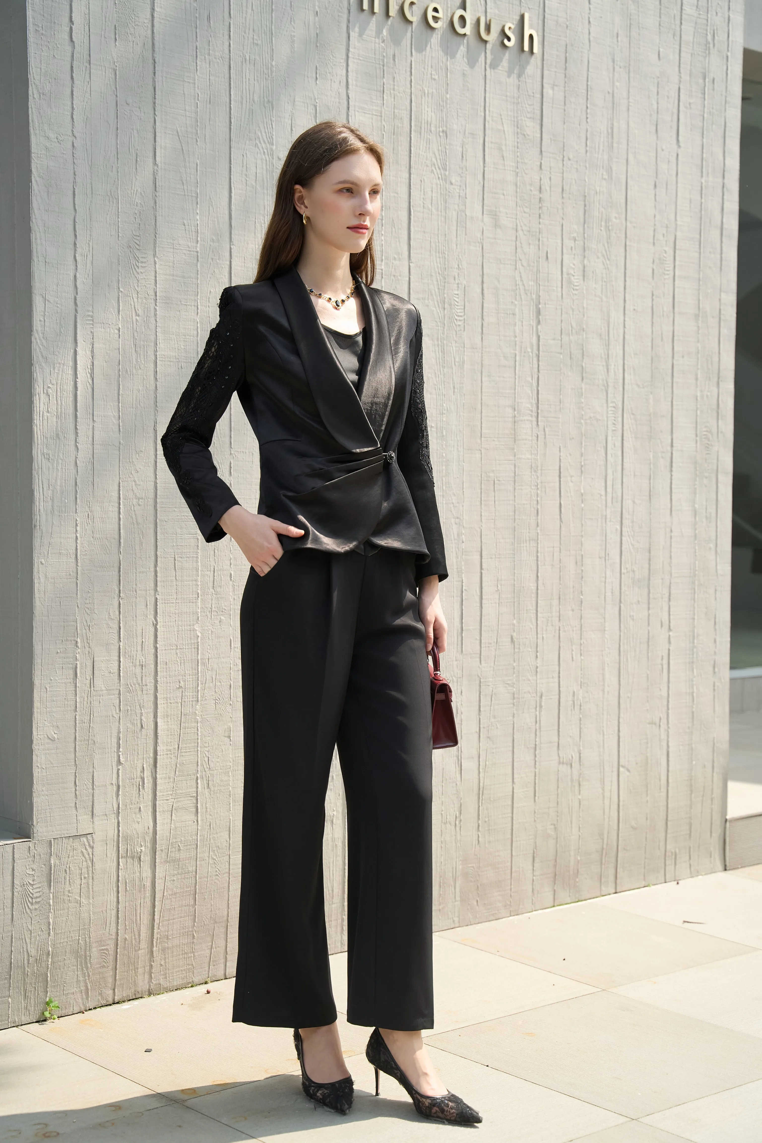 Black Wide-Leg Trousers with Beaded Waist Detail