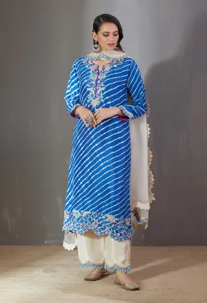 Blue Leheriya Kurta Set With Chints Embroidery