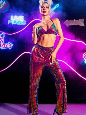 Burgundy Two Piece Sparkly Set - Suspender Bra   Trousers