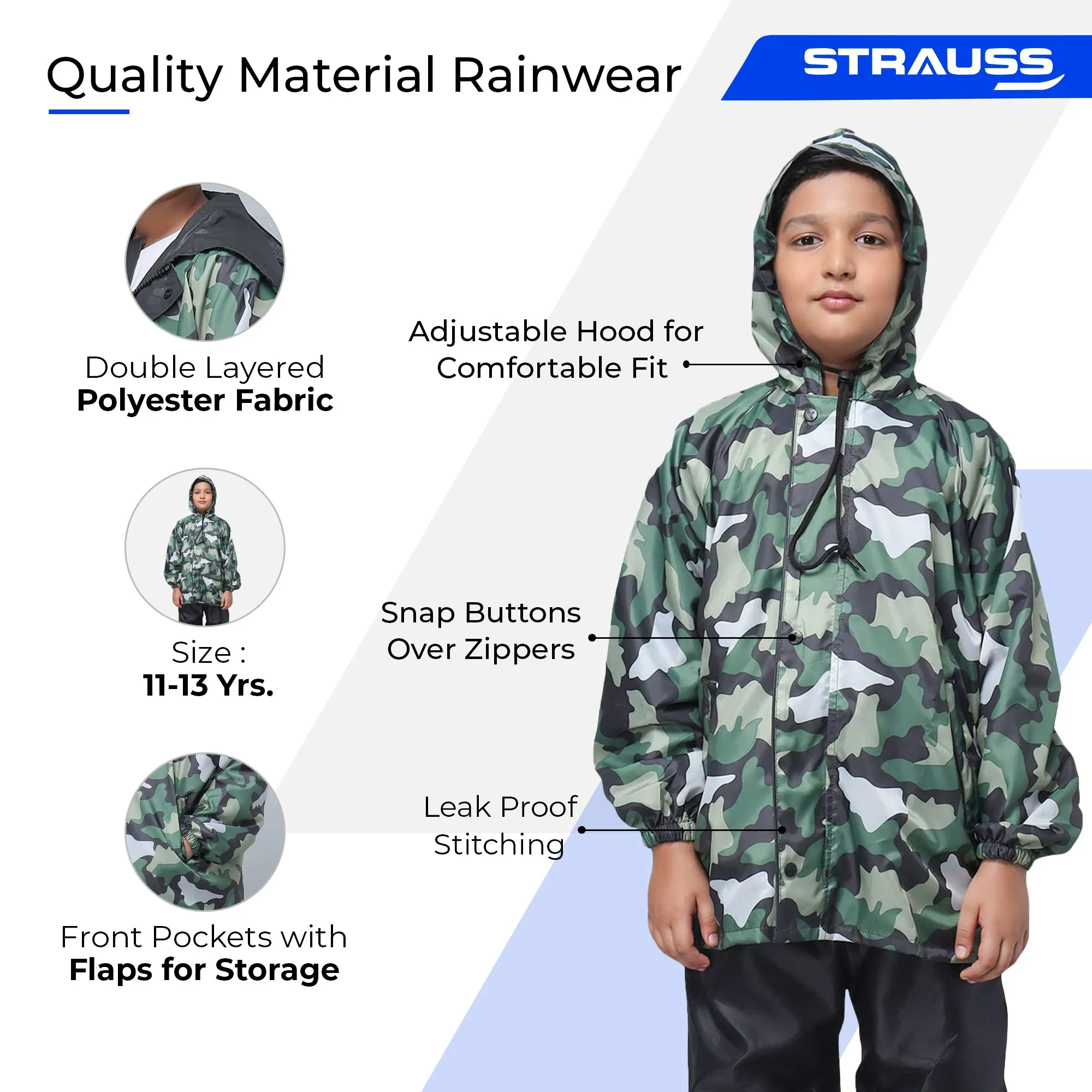 Comrad Series Set: Reversible Kids Raincoat with Hood & Reflector | PVC Lining | Age 11-13 | Green Camo