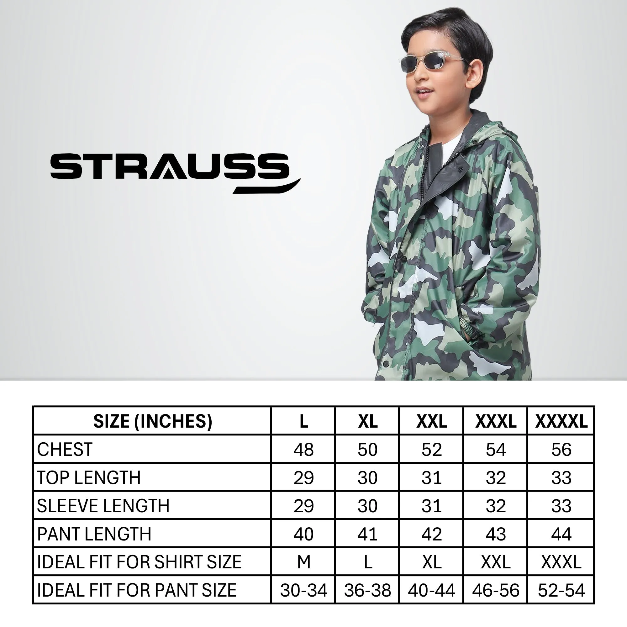 Comrad Series Set: Reversible Kids Raincoat with Hood & Reflector | PVC Lining | Age 11-13 | Green Camo