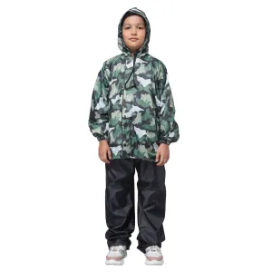 Comrad Series Set: Reversible Kids Raincoat with Hood & Reflector | PVC Lining | Age 11-13 | Green Camo