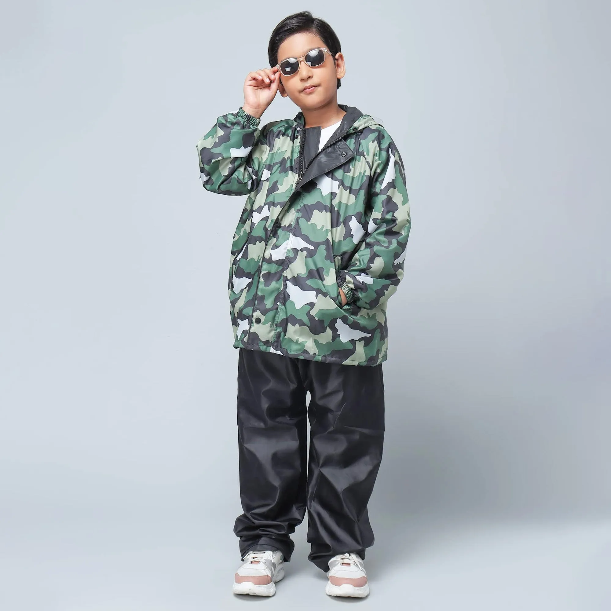 Comrad Series Set: Reversible Kids Raincoat with Hood & Reflector | PVC Lining | Age 11-13 | Green Camo