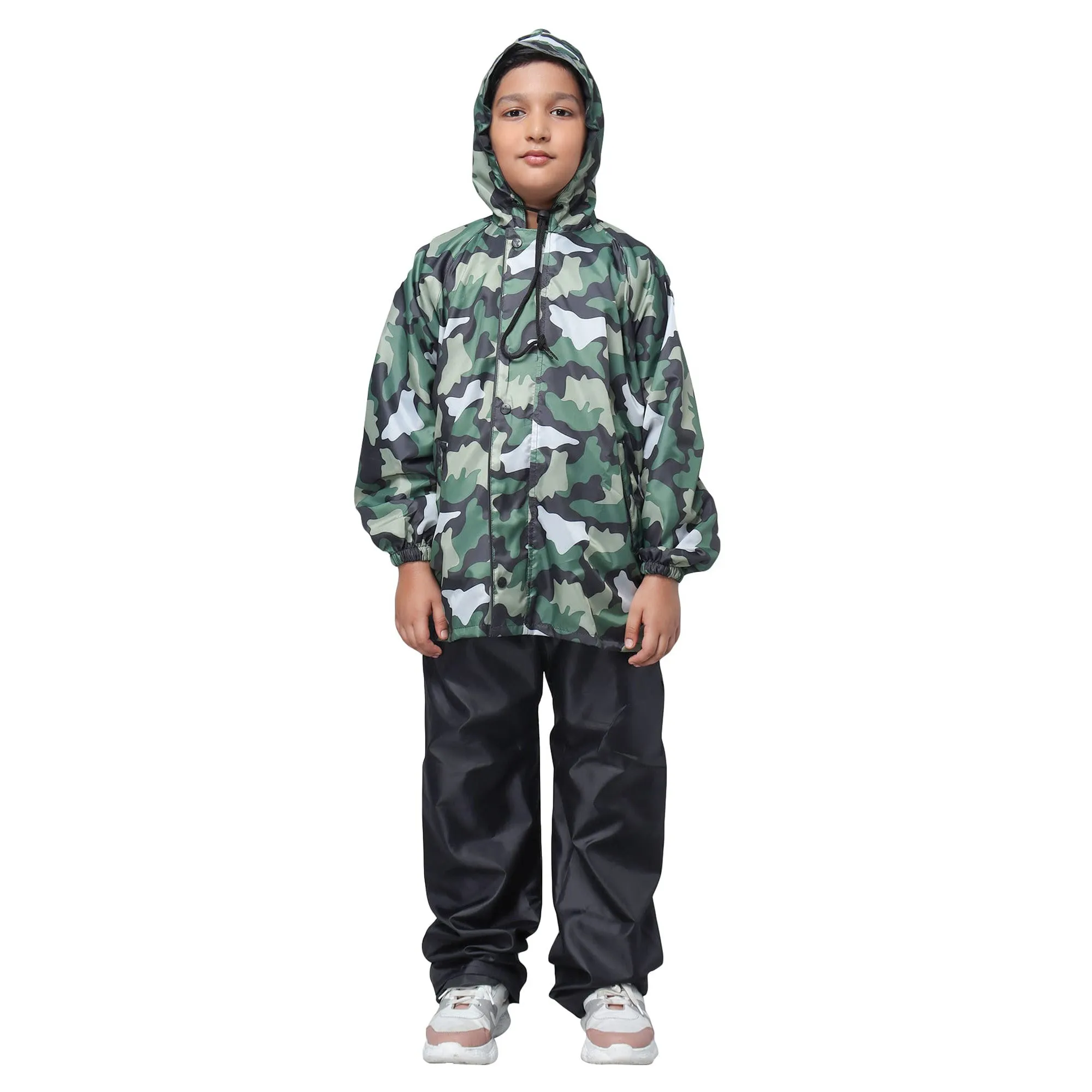 Comrad Series Set: Reversible Kids Raincoat with Hood & Reflector | PVC Lining | Age 11-13 | Green Camo