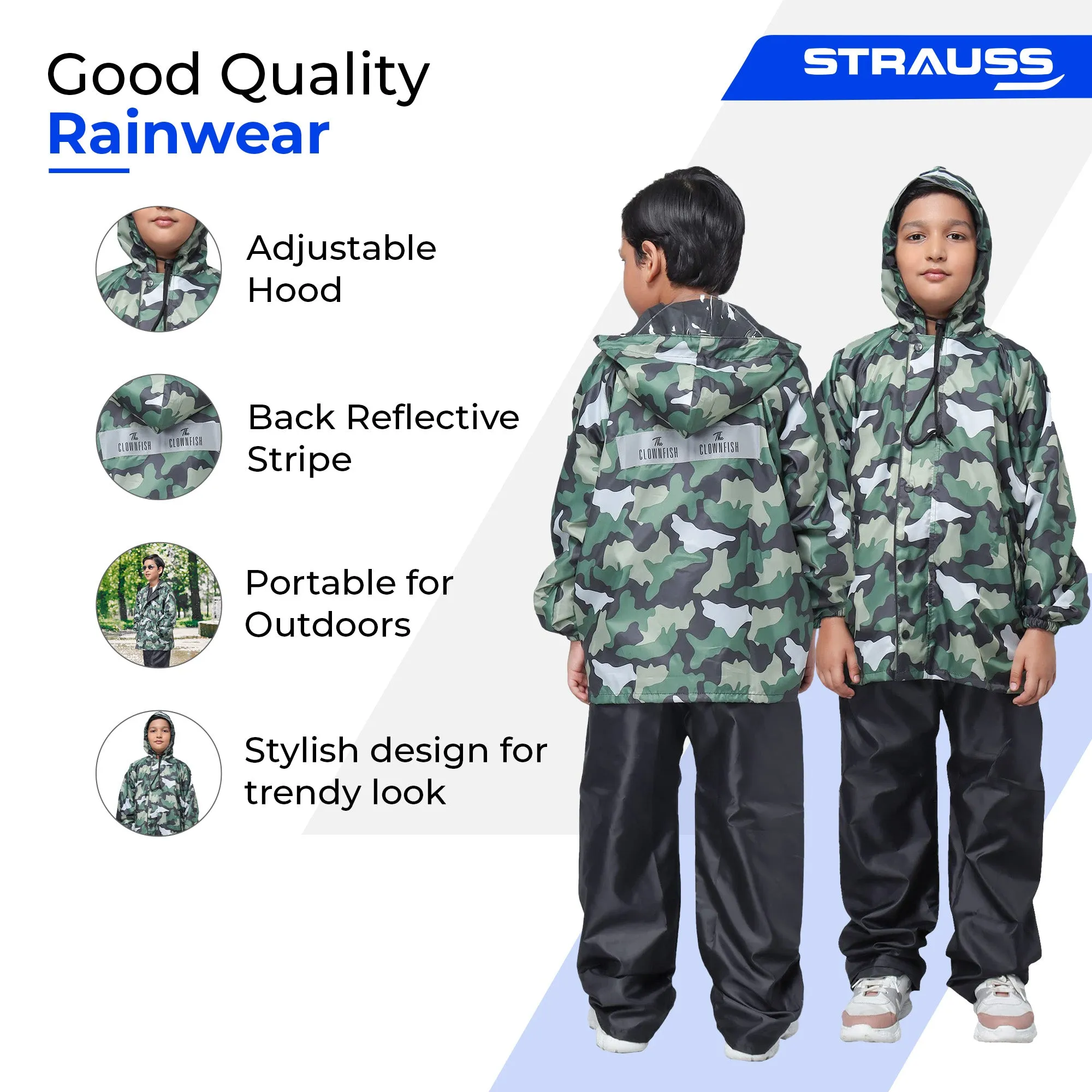 Comrad Series Set: Reversible Kids Raincoat with Hood & Reflector | PVC Lining | Age 11-13 | Green Camo