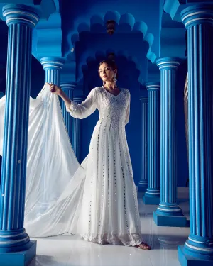 Dove White Embellished Anarkali Gown