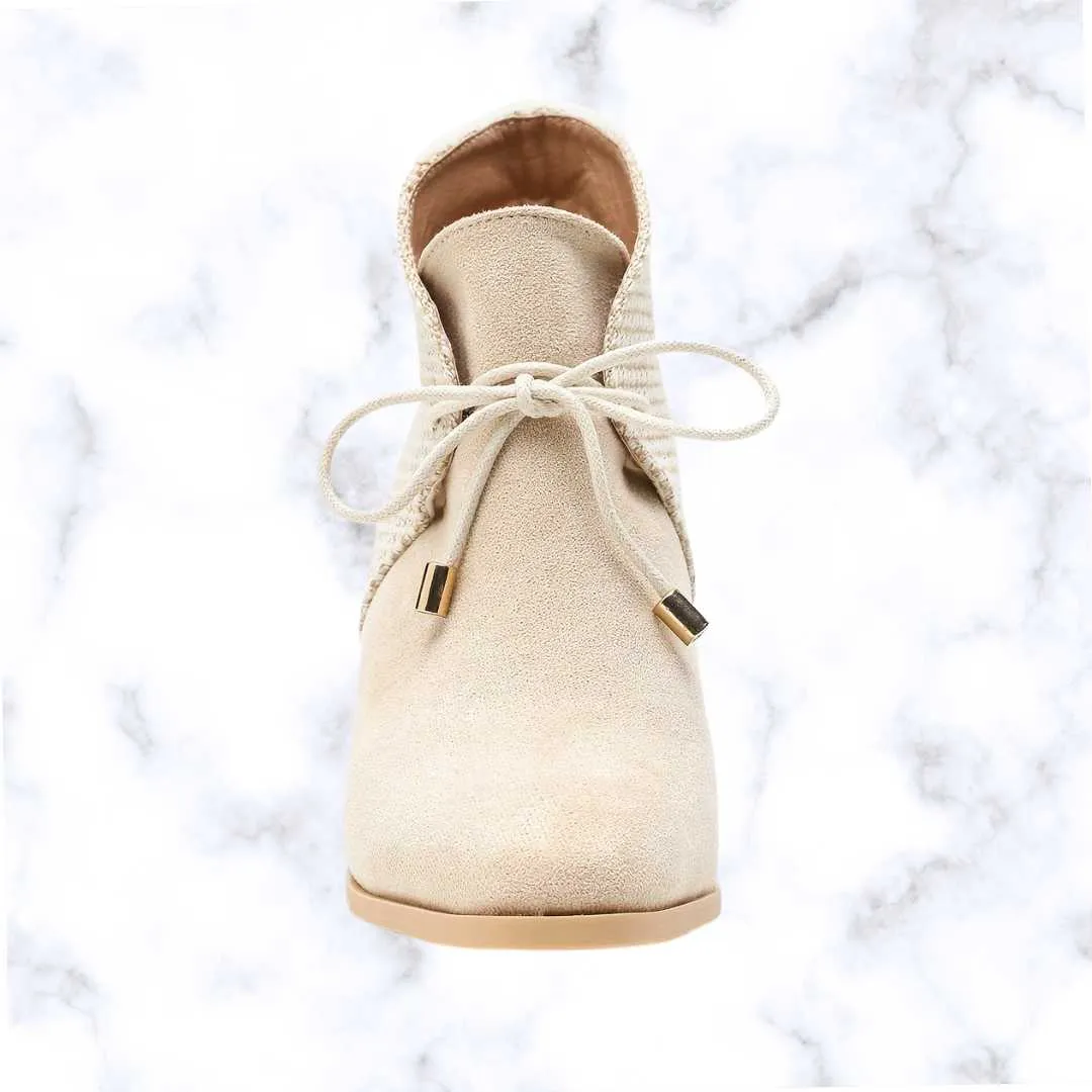 Elegant Beige Lace-Up Ankle Boots for Women – Square Toe, Chunky Heel, Comfortable All-Season Dress Shoes