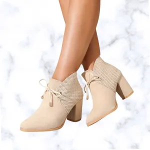 Elegant Beige Lace-Up Ankle Boots for Women – Square Toe, Chunky Heel, Comfortable All-Season Dress Shoes