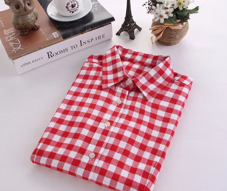 Fashion Plaid Shirt Female College style women's Blouses Long Sleeve Flannel Shirt Plus Size Cotton Office tops