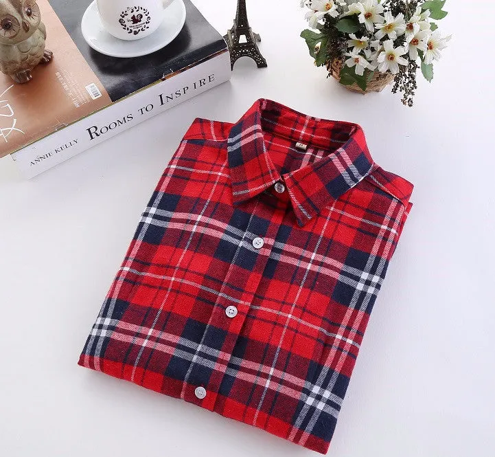 Fashion Plaid Shirt Female College style women's Blouses Long Sleeve Flannel Shirt Plus Size Cotton Office tops