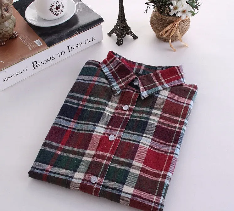 Fashion Plaid Shirt Female College style women's Blouses Long Sleeve Flannel Shirt Plus Size Cotton Office tops