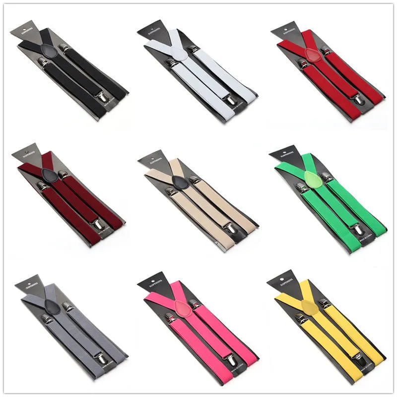Fashion Women Men's Unisex Clip-on Braces Elastic Slim Suspender 1Inch Wide 36 colors Y-Back Suspenders Male Pants Jeans Braces