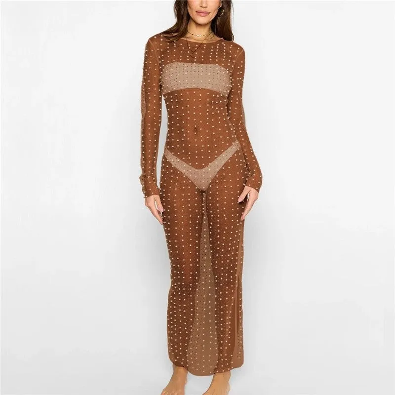 Fashionable Beaded Mesh Long Sleeve Dress