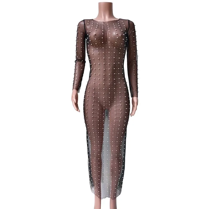 Fashionable Beaded Mesh Long Sleeve Dress