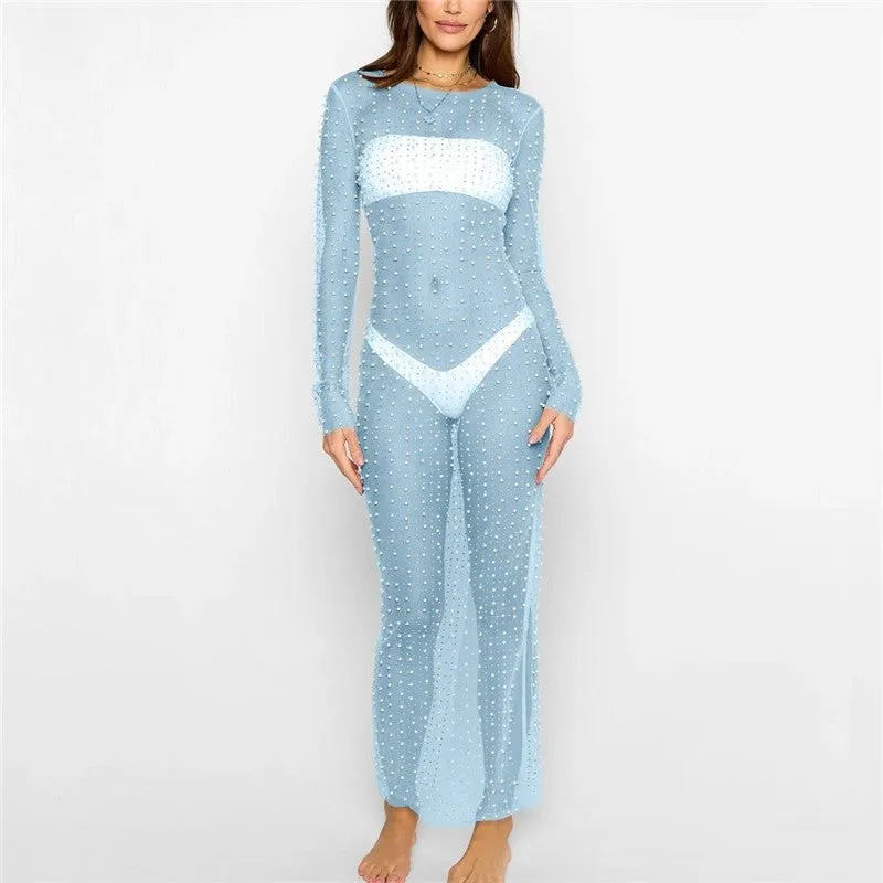 Fashionable Beaded Mesh Long Sleeve Dress