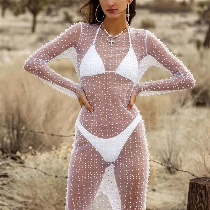 Fashionable Beaded Mesh Long Sleeve Dress