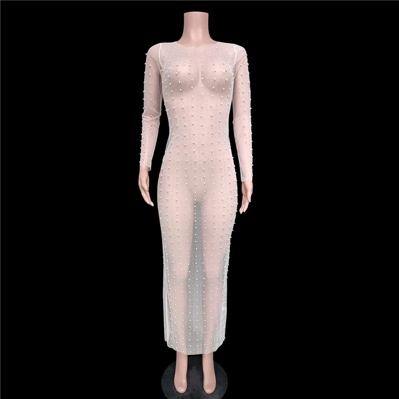 Fashionable Beaded Mesh Long Sleeve Dress