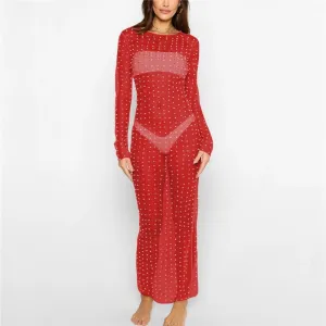 Fashionable Beaded Mesh Long Sleeve Dress