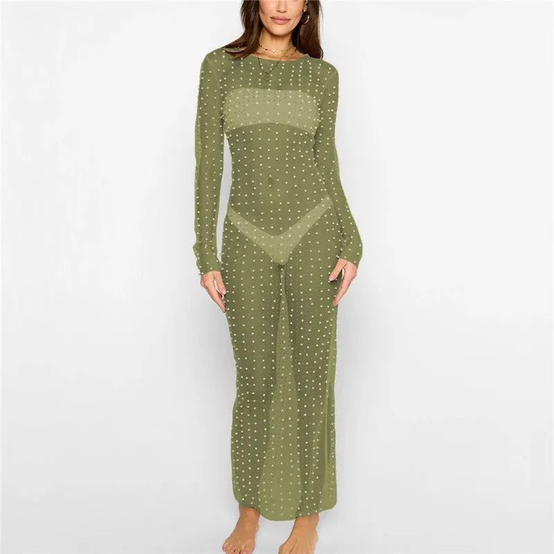 Fashionable Beaded Mesh Long Sleeve Dress