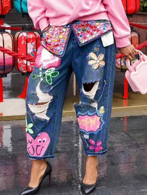 Floral Embroidery Diamonds Beaded Holes Denim Pants High Waist Loose Rhinestones Jeans