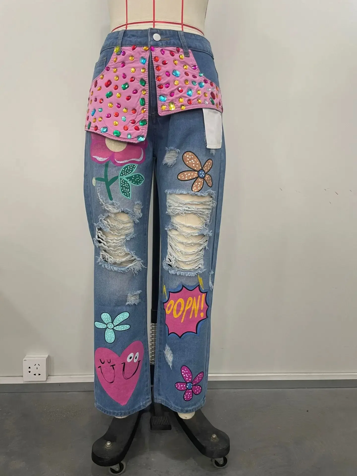 Floral Embroidery Diamonds Beaded Holes Denim Pants High Waist Loose Rhinestones Jeans