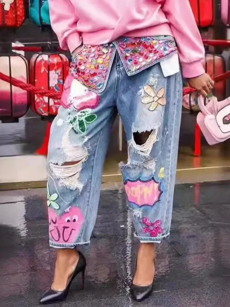 Floral Embroidery Diamonds Beaded Holes Denim Pants High Waist Loose Rhinestones Jeans