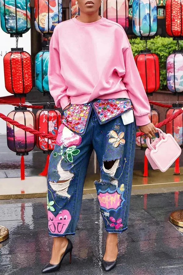 Floral Embroidery Diamonds Beaded Holes Denim Pants High Waist Loose Rhinestones Jeans
