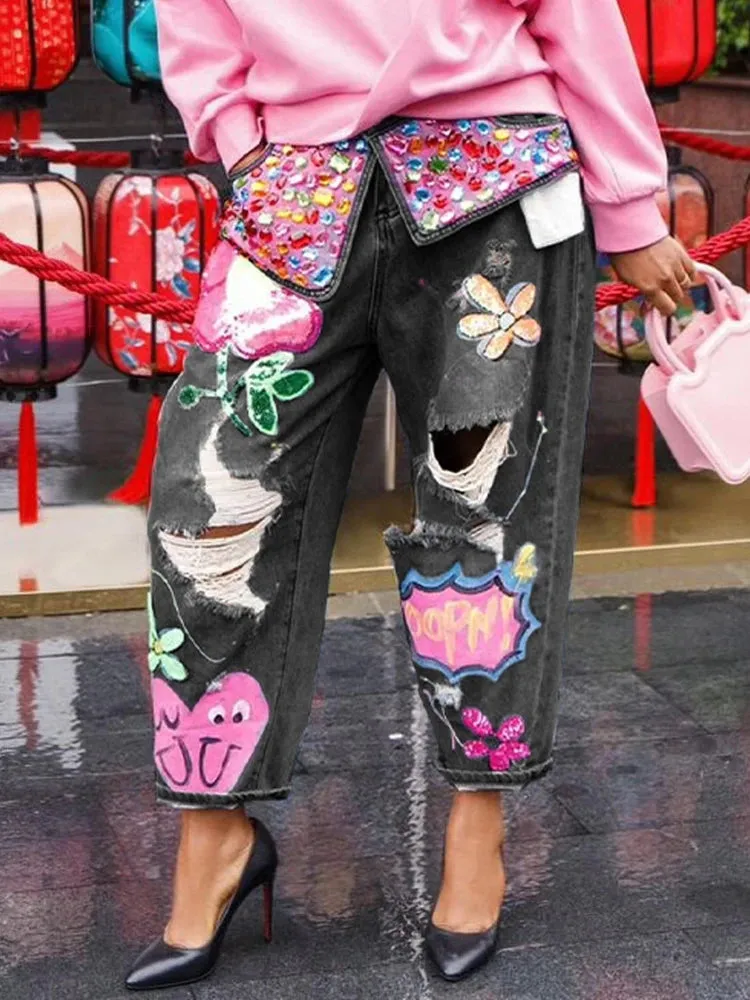 Floral Embroidery Diamonds Beaded Holes Denim Pants High Waist Loose Rhinestones Jeans
