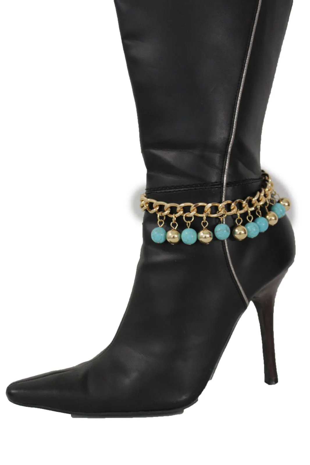 Gold Metal Chains Boot Multi Balls Anklet Shoe Turquoise Blue Women Moroccan Hot Fashion