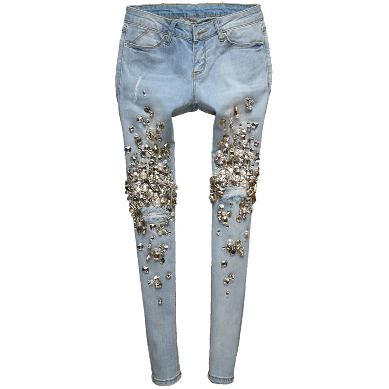 Hand Beaded Jeans with Rhinestones & Ripped Feet