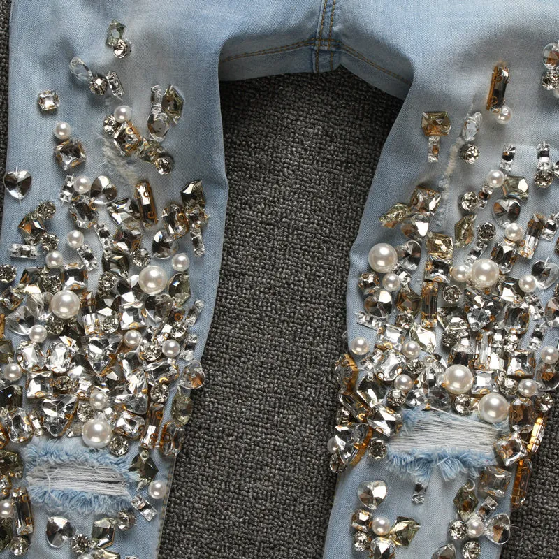 Hand Beaded Jeans with Rhinestones & Ripped Feet