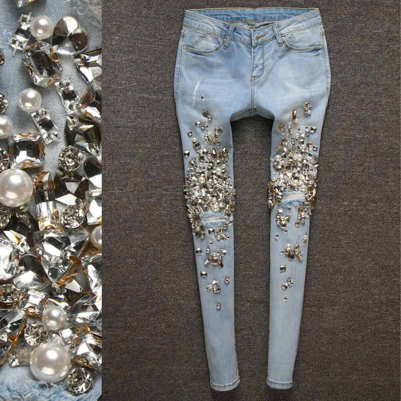 Hand Beaded Jeans with Rhinestones & Ripped Feet