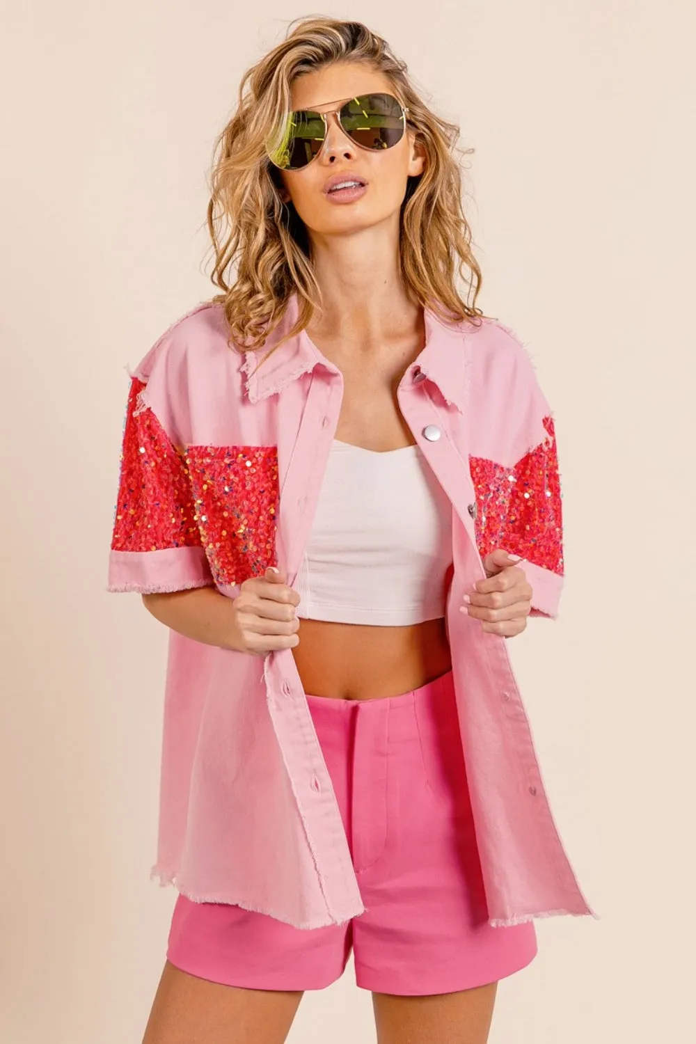 Hazel Blues® |  BiBi Sequin Detail Raw Hem Short Sleeve Shirt