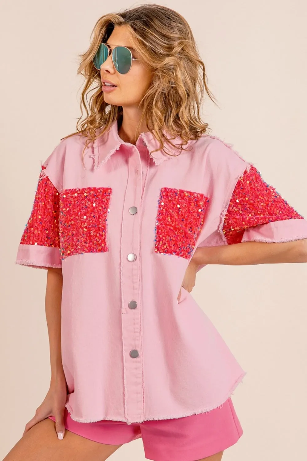 Hazel Blues® |  BiBi Sequin Detail Raw Hem Short Sleeve Shirt