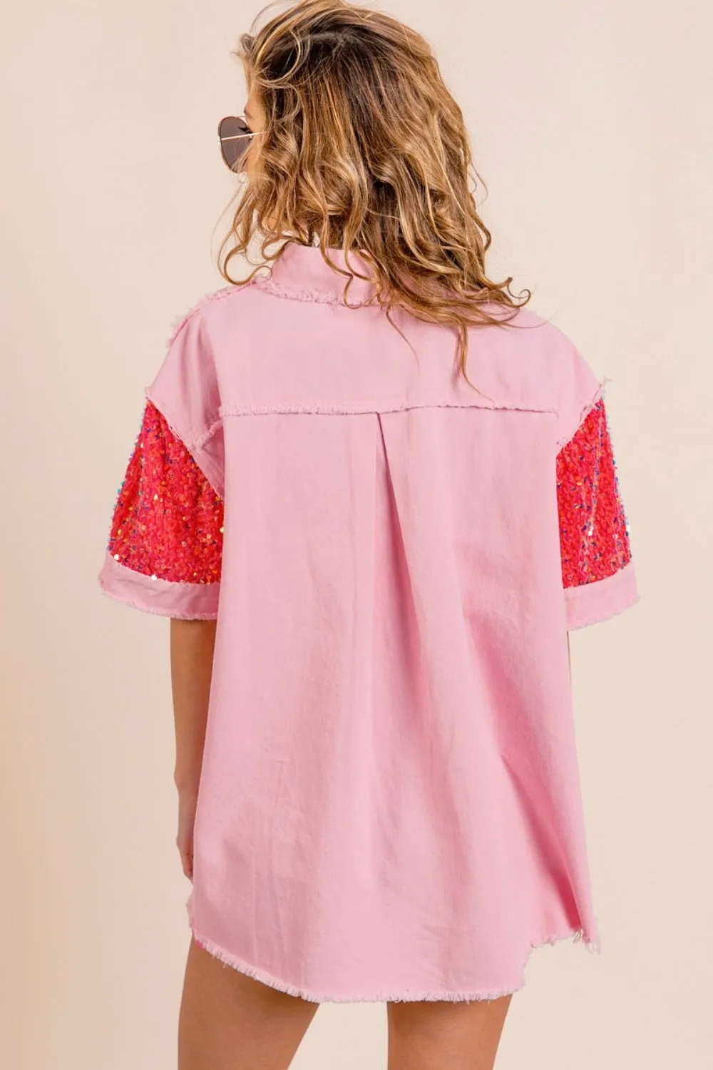 Hazel Blues® |  BiBi Sequin Detail Raw Hem Short Sleeve Shirt