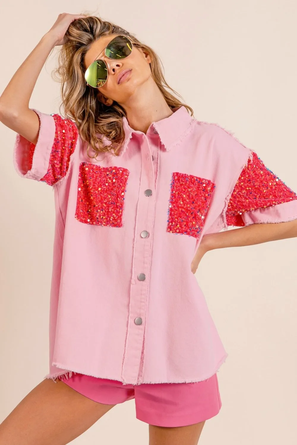 Hazel Blues® |  BiBi Sequin Detail Raw Hem Short Sleeve Shirt