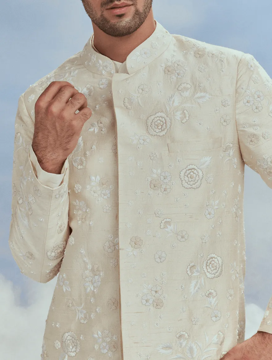Ivory mehtab bagh jaal sherwani set