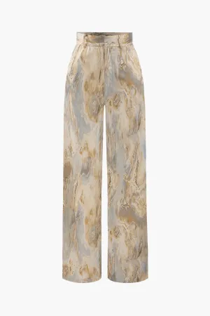 Marble Print High Waisted Full-length Straight Leg Pants