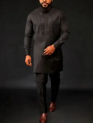 Men's African Beaded Long Sleeve Shirt, Pants & Robe Traditional  Casual 2pcs Set