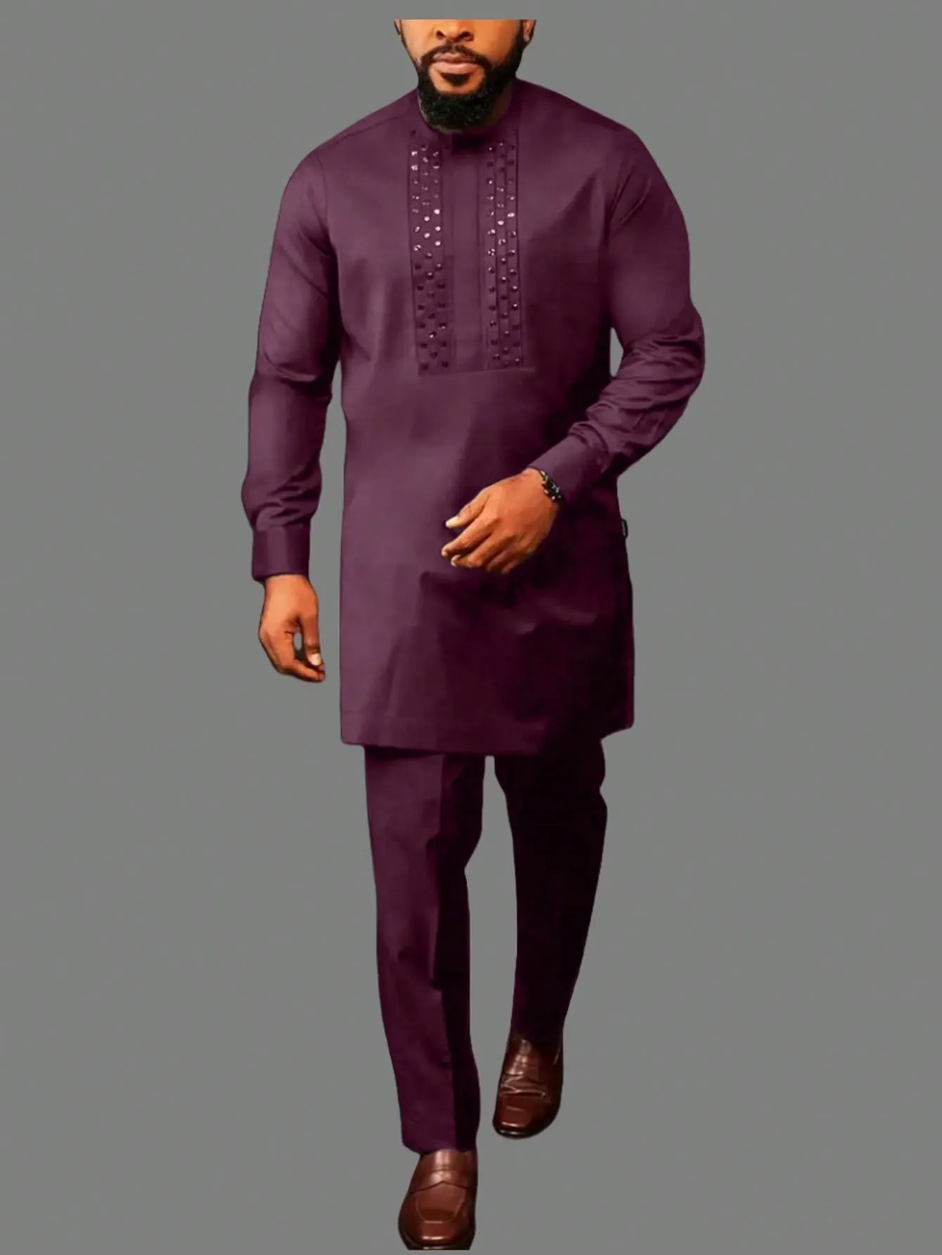 Men's African Beaded Long Sleeve Shirt, Pants & Robe Traditional  Casual 2pcs Set