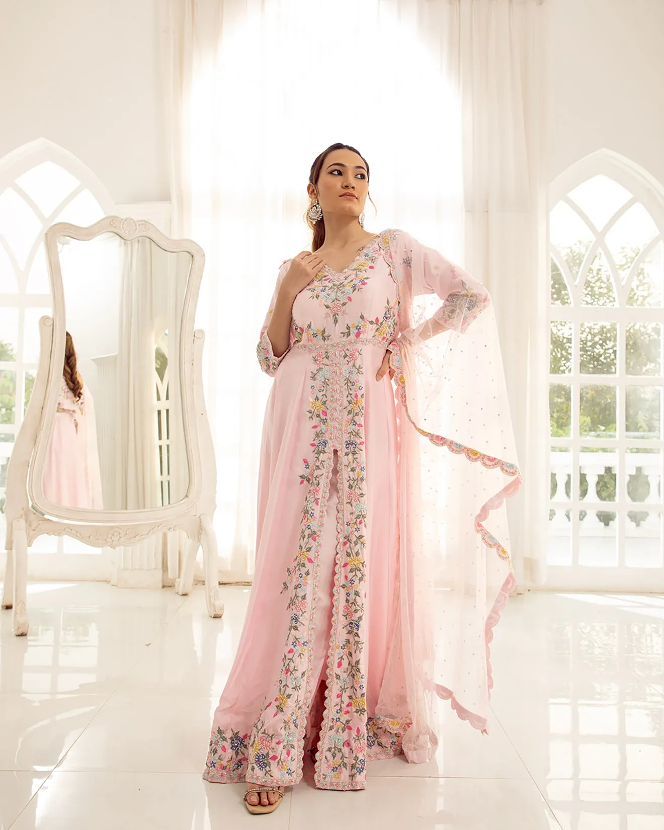 Misty Rose Embellished Front Slit Suit Set