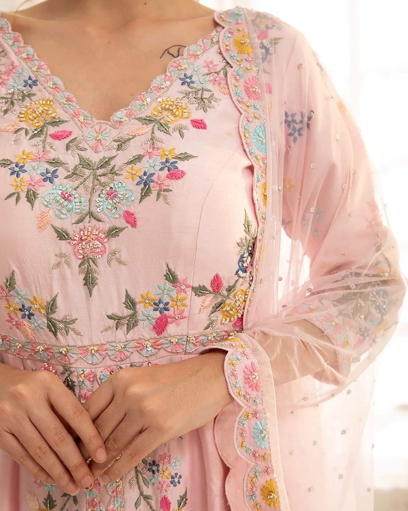 Misty Rose Embellished Front Slit Suit Set