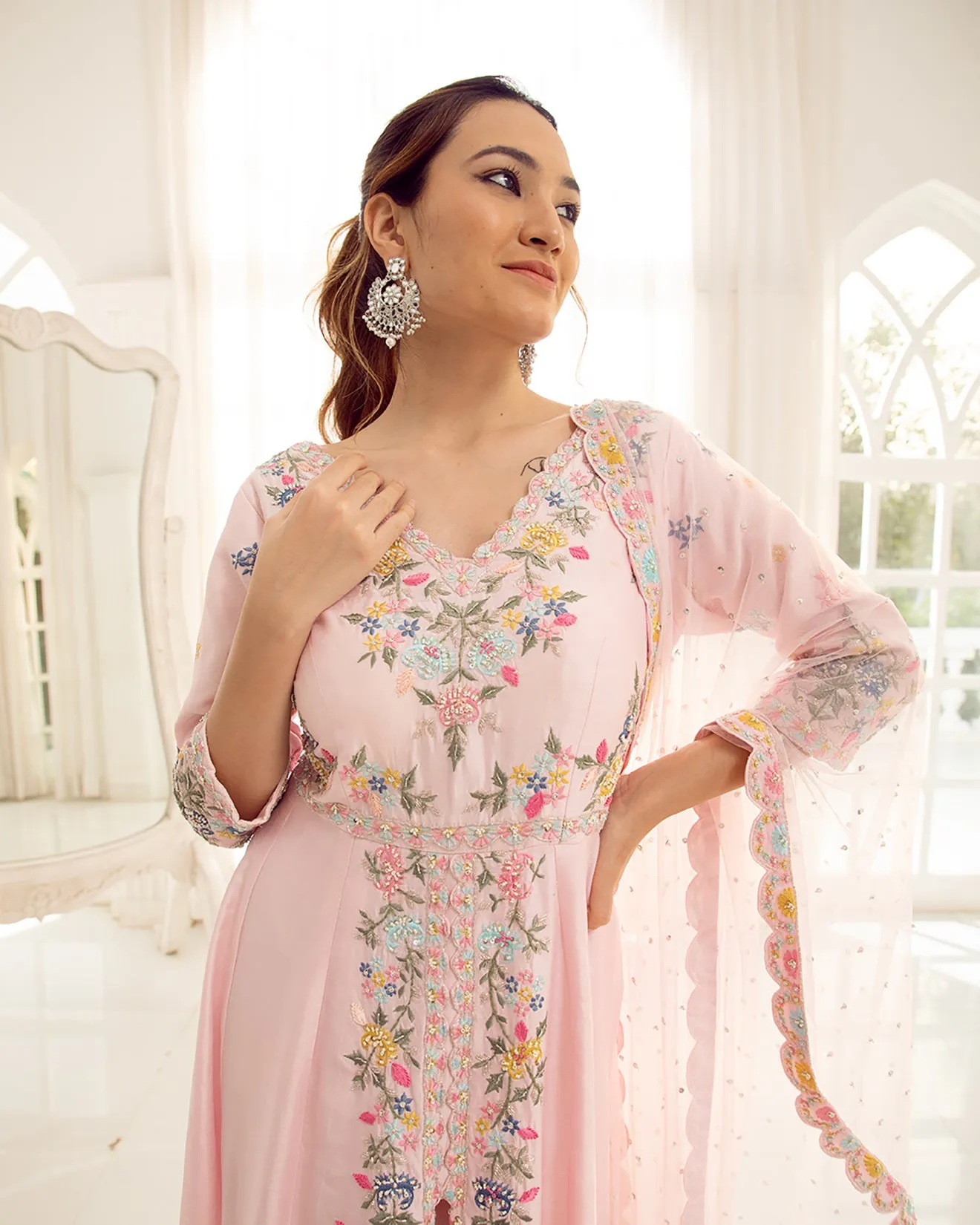 Misty Rose Embellished Front Slit Suit Set