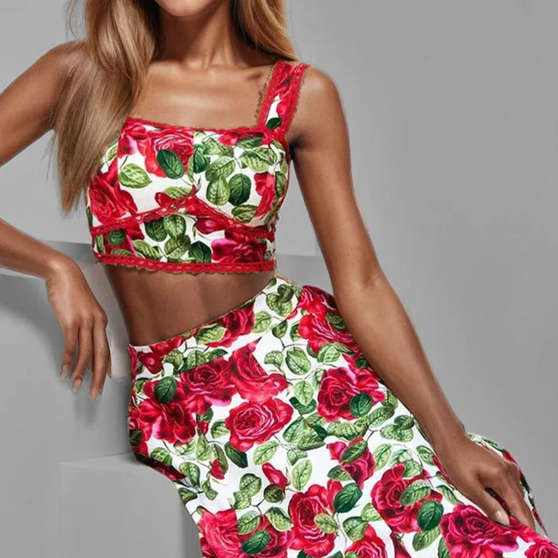 MOMENTLOVER 2025 Cross-border 2025 women's clothing fashionable and elegant rose print suspender lace edge top skirt two-piece suit women